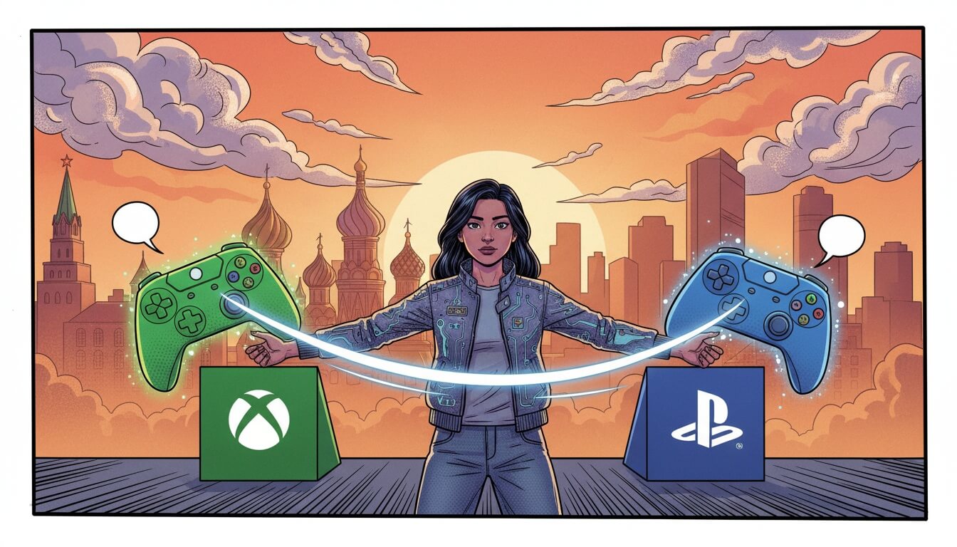 Женщина с раскинутыми руками стоит между геймпадами Xbox и PlayStation на фоне городского пейзажа с храмом