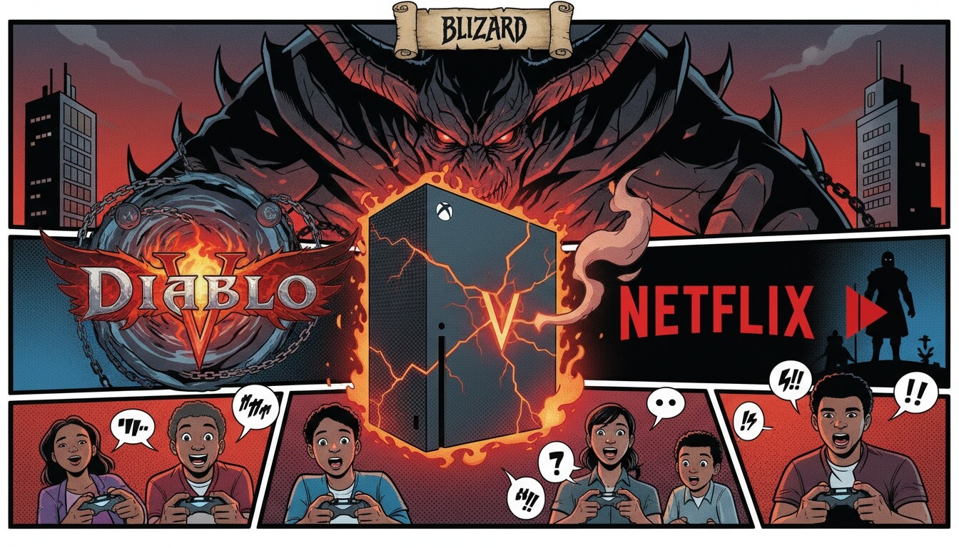 Демоническая фигура над раскадровкой с логотипами Diablo и Netflix, консолью Xbox и удивлёнными игроками