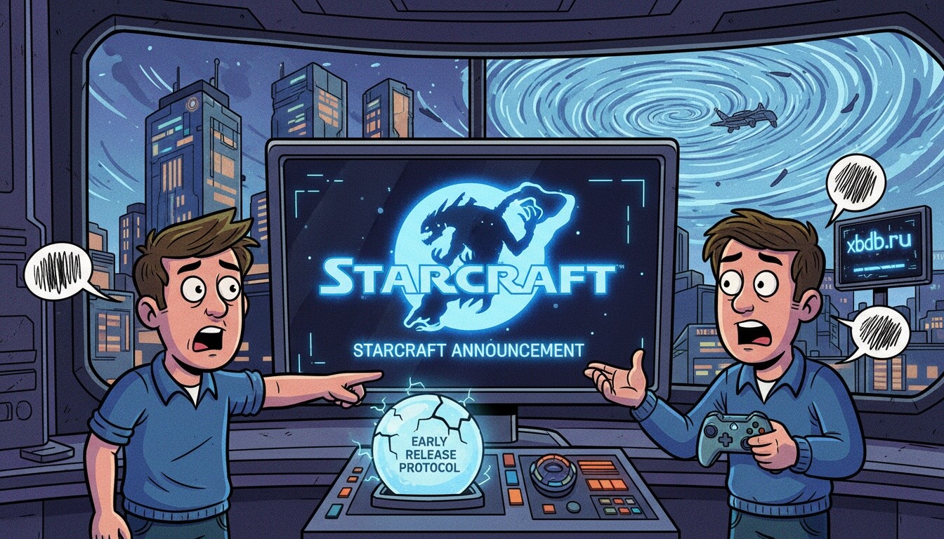 Два человека в комнате с большим экраном, на котором логотип StarCraft и надпись StarCraft Announcement, один указывает на экран, другой держит геймпад