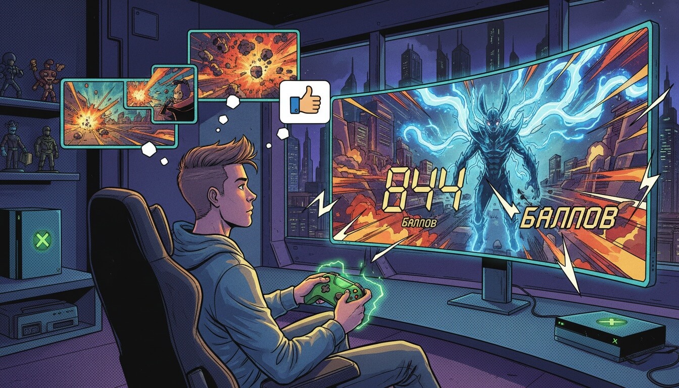 Парень с геймпадом сидит в кресле перед большим экраном с существом в синих молниях и цифрой 84