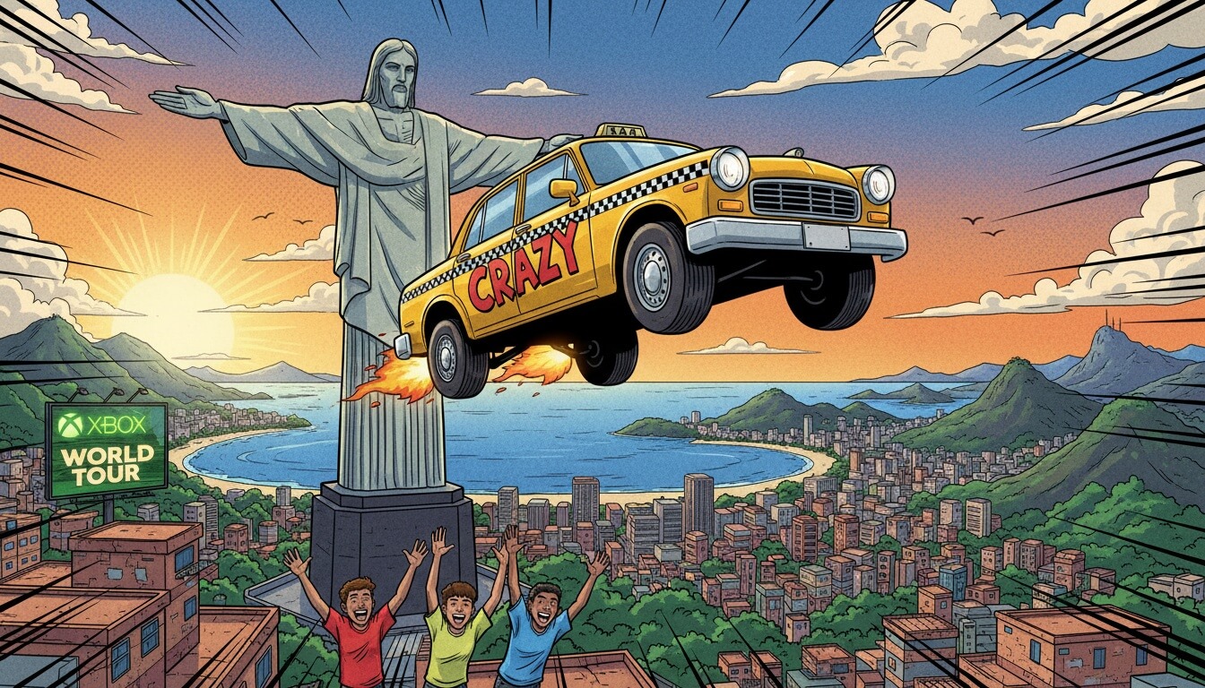 Жёлтое такси с надписью CRAZY Taxi летит на реактивной тяге рядом со статуей Христа над бразильским городом