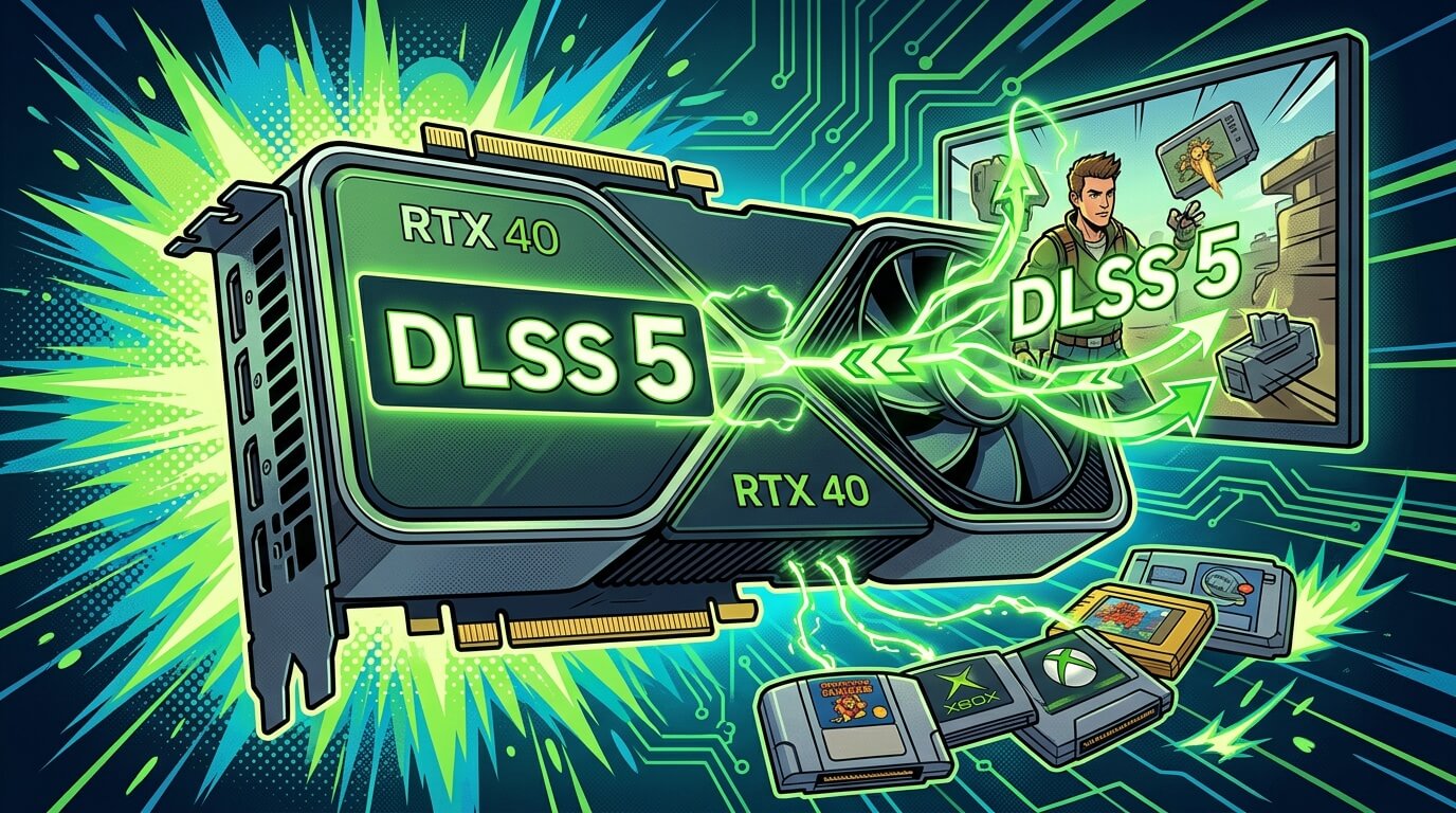 Видеокарта RTX 40 с надписью DLSS 5 и зелёными молниями на фоне игрового экрана и картриджей