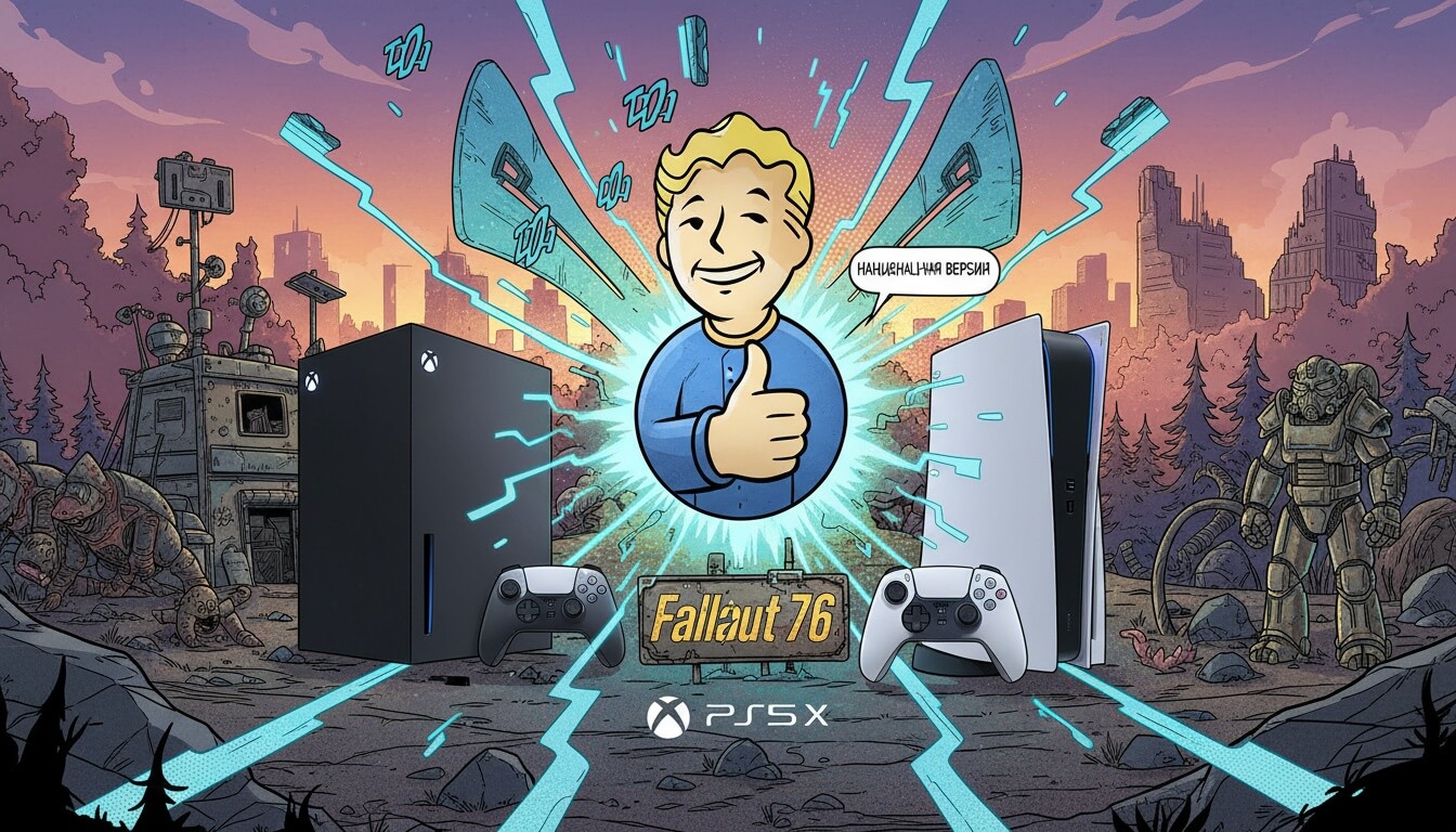 Vault Boy с поднятым большим пальцем между консолями Xbox Series X и PS5 на фоне постапокалиптического пейзажа с табличкой Fallout 76