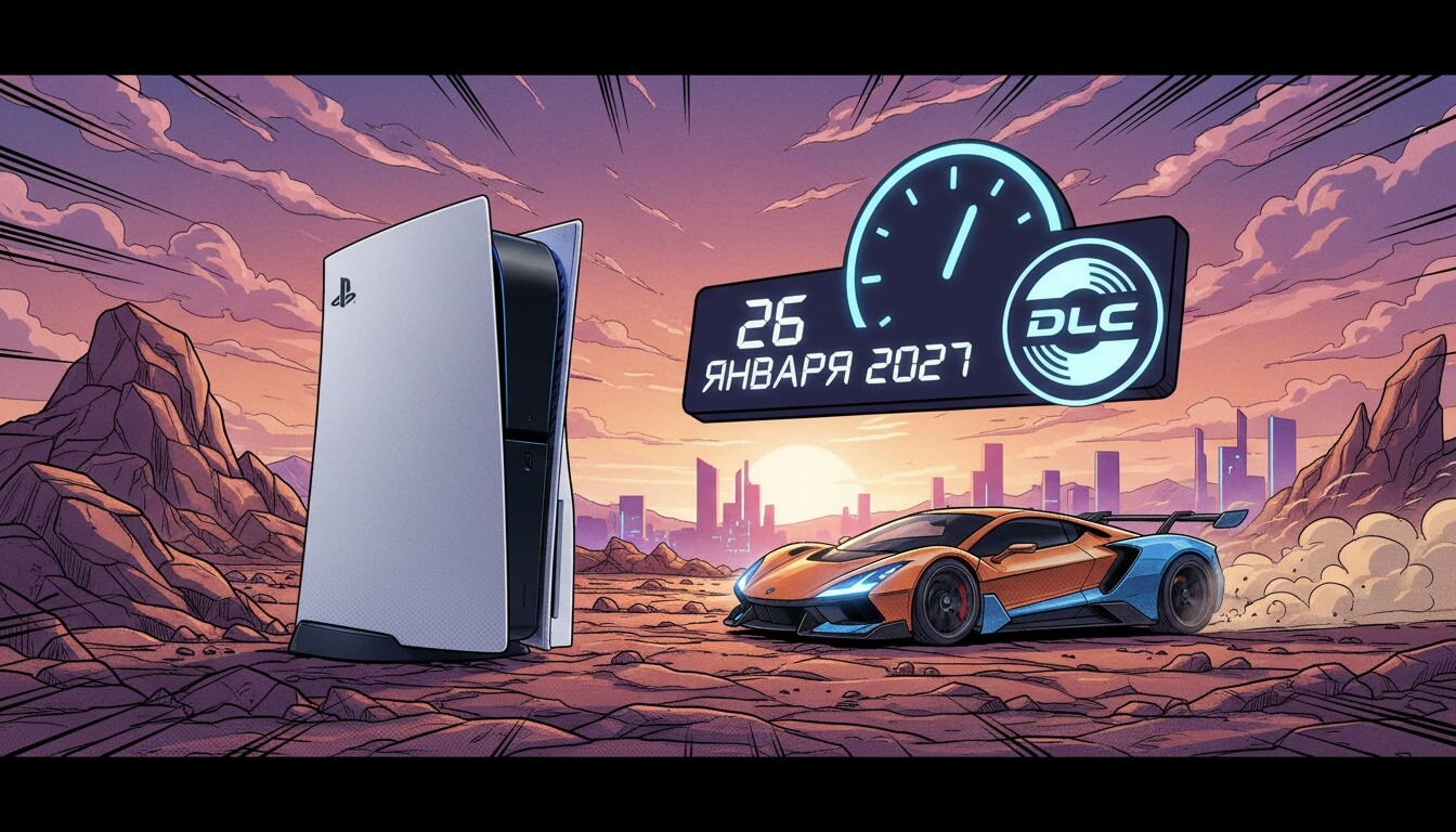 Консоль PlayStation 5 и гоночный автомобиль на фоне пустынного пейзажа с горами и городом, рядом знак с датой 26 января 2027 и логотипом DLC