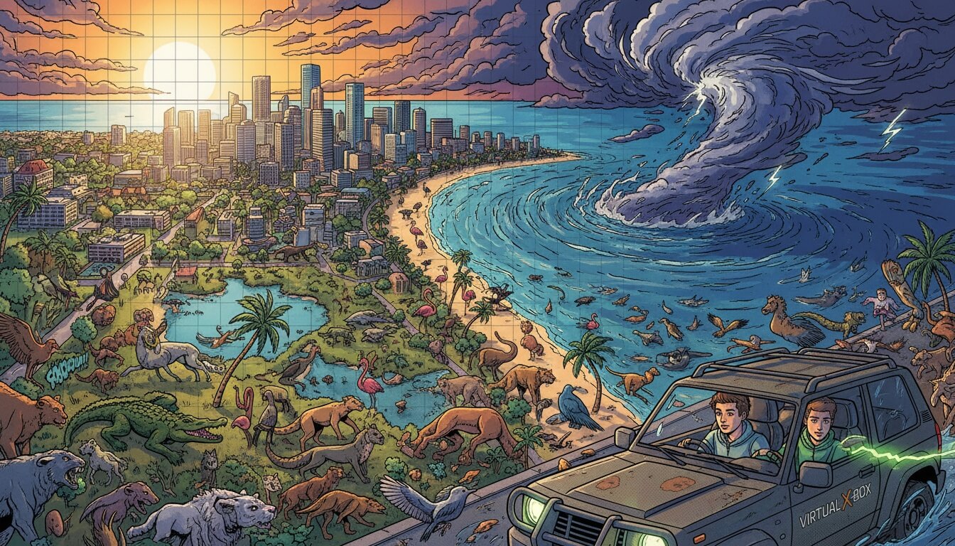 Панорама побережья с городом, пляжем и торнадо над океаном, животные среди пальм и внедорожник с двумя людьми на переднем плане