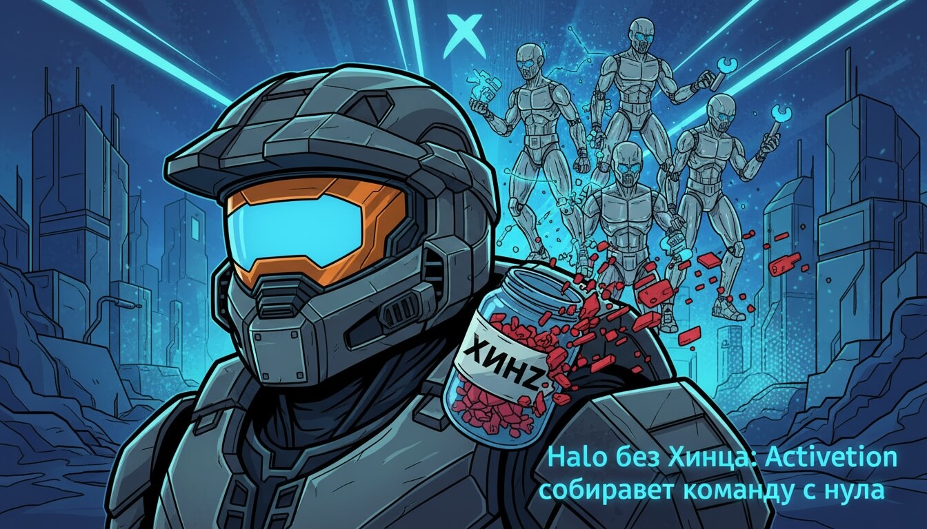 Бронекостюм с оранжевым визором и разбитая банка с красными пилюлями на фоне футуристического города и фигур в броне