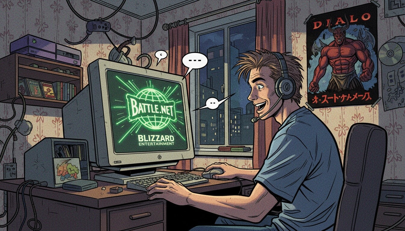 Парень в наушниках за компьютером с логотипом Battle.net на экране, постер Diablo на стене