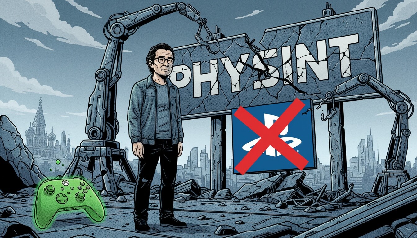 Мужчина в очках стоит на фоне разрушенного щита с надписью PHYSINT и перечеркнутого логотипа PlayStation, рядом зеленый геймпад Xbox