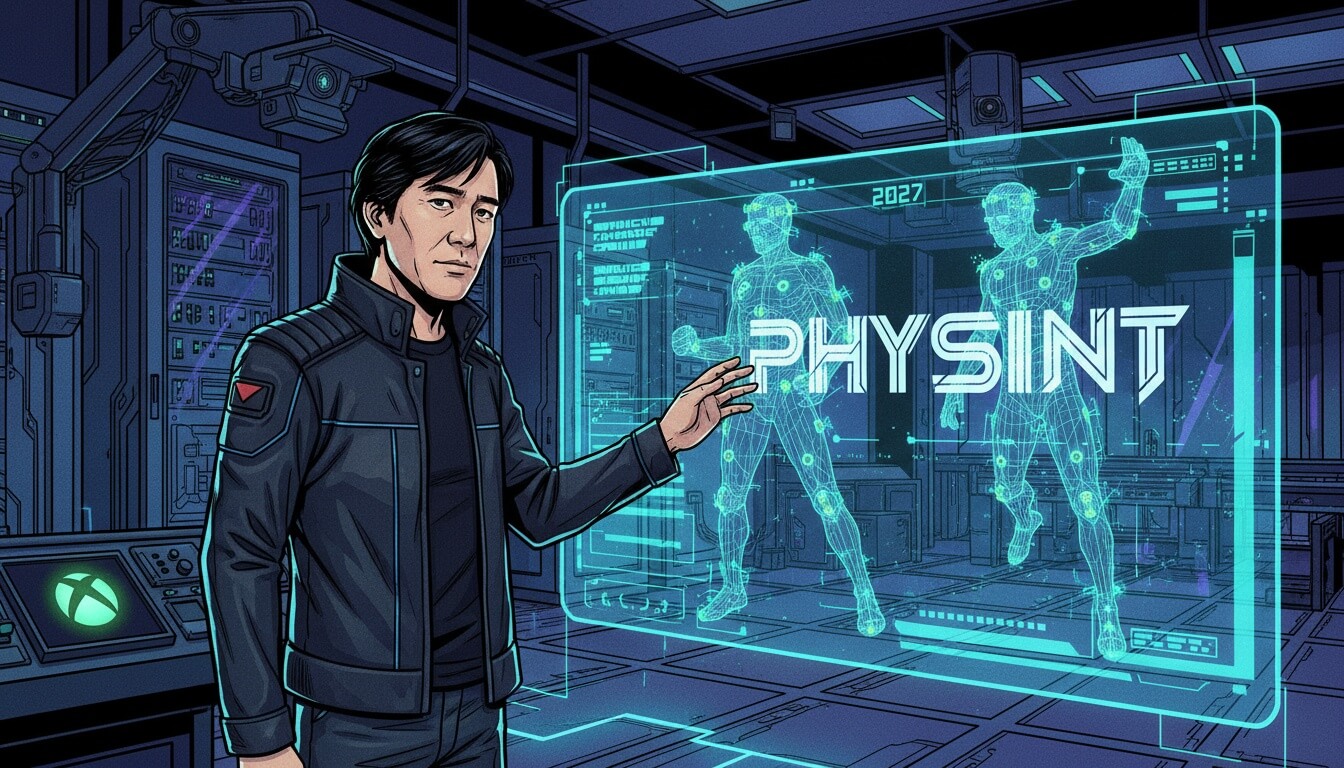Мужчина в тёмной куртке у голографического экрана с надписью PHYSINT и фигурами людей