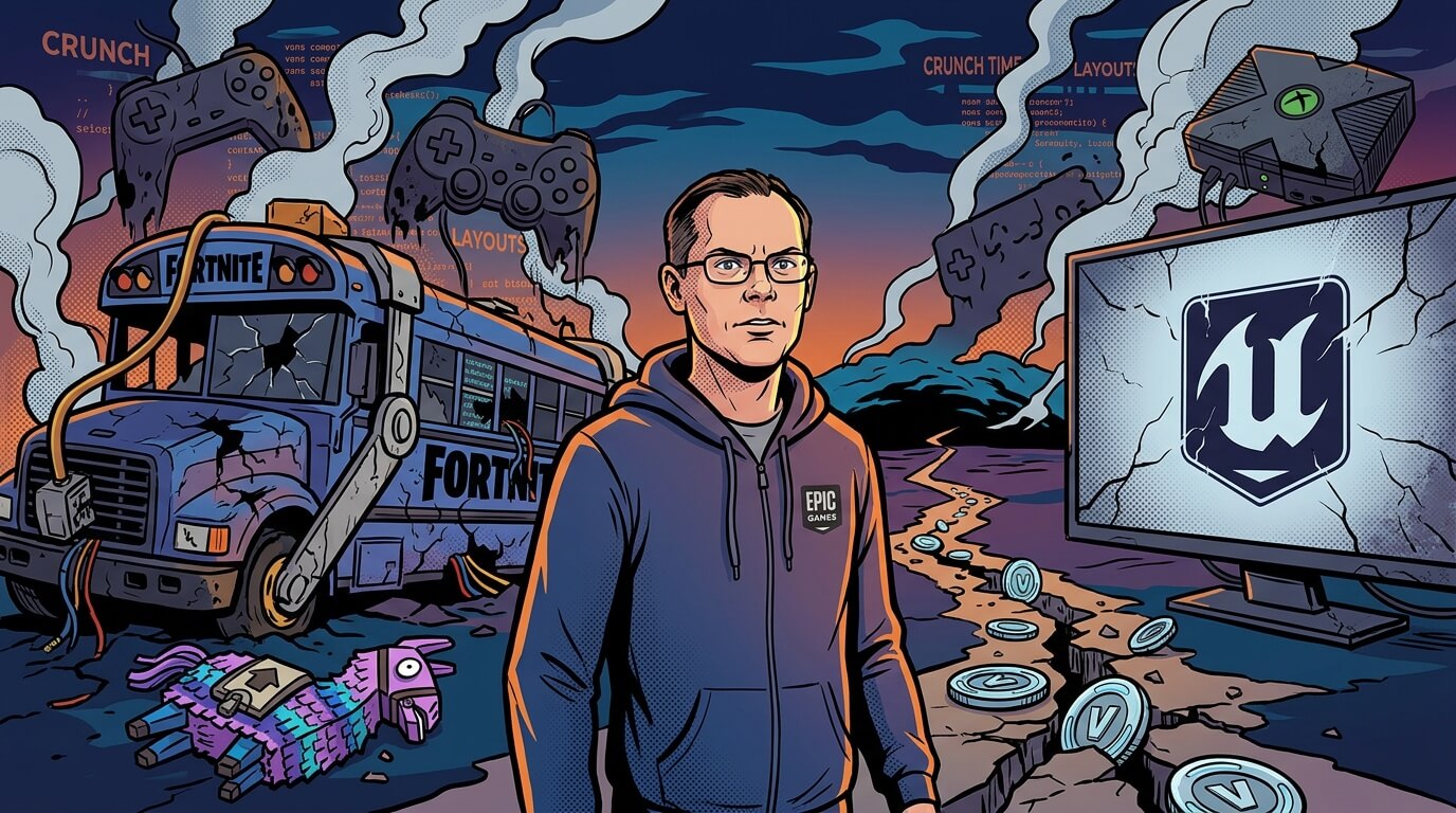 Мужчина в очках и худи с логотипом Epic Games на фоне разрушенного автобуса Fortnite, треснувшего экрана с логотипом Unreal Engine и разбросанных монет V-Bucks