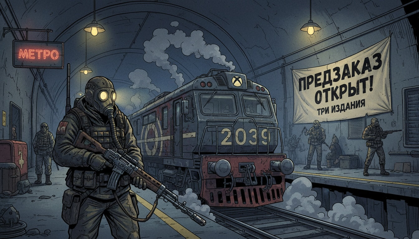 Боец в противогазе с автоматом на станции метро, поезд с номером 2039 и баннер о предзаказе