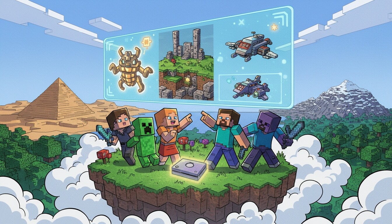 Персонажи Minecraft и крипер на парящем острове смотрят на экран с игровыми кадрами на фоне пирамиды и го?