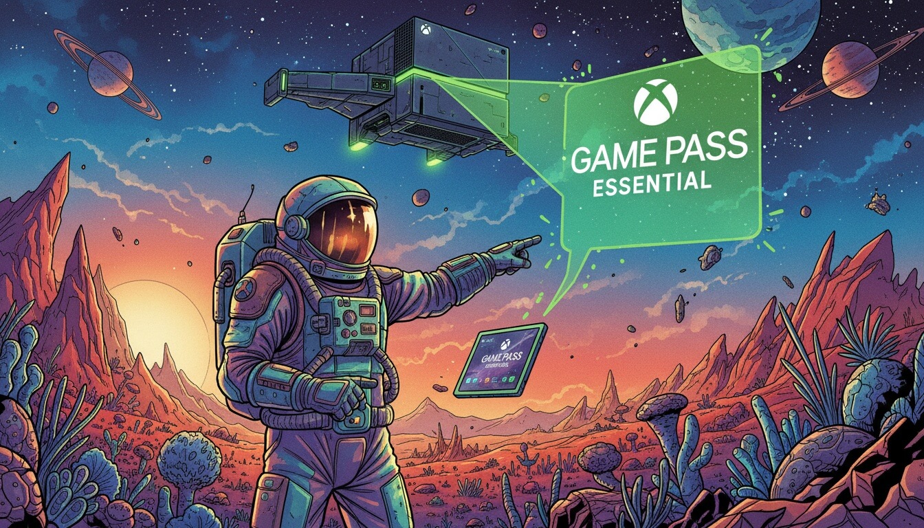 Астронавт на чужой планете указывает на зелёный баннер Game Pass Essential рядом с летящим космическим кораблём