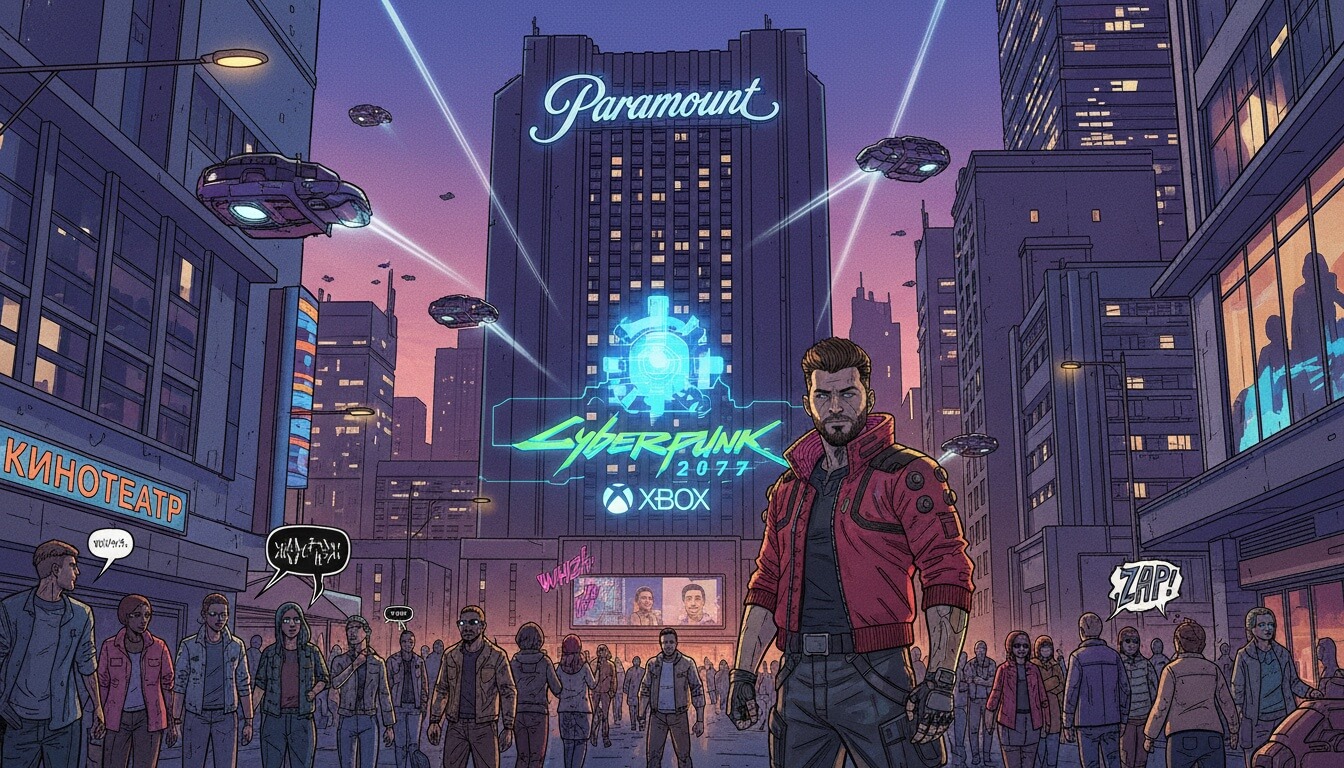 Мужчина в красной куртке на фоне ночного футуристического города с вывесками Paramount, Cyberpunk 2077 и Xbox, летающими машинами и толпой