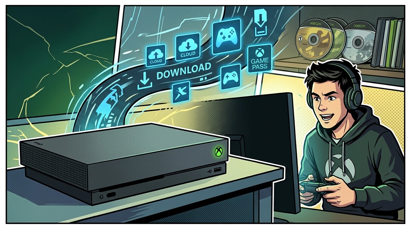 Черная консоль Xbox без дисковода на столе, геймер с геймпадом в наушниках и иконки загрузок над экраном