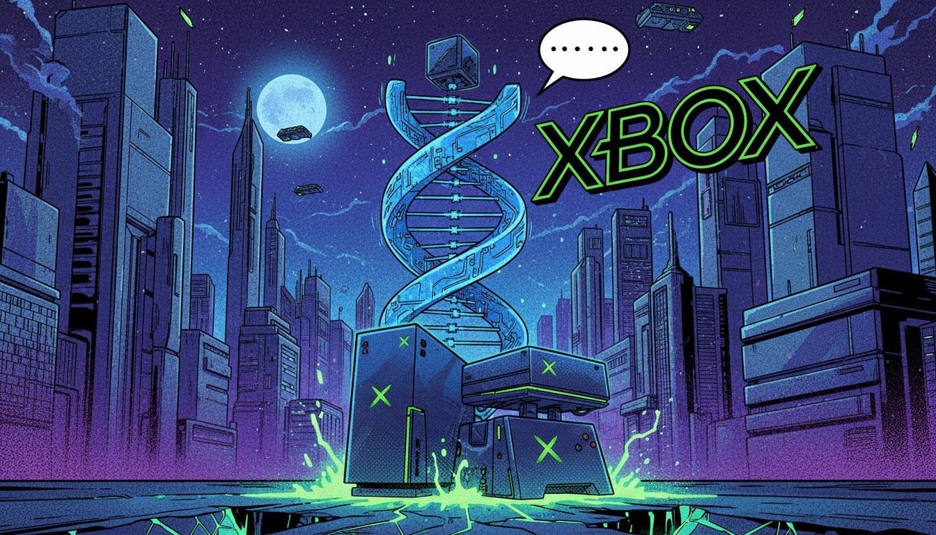 Футуристический город ночью с двумя консолями с логотипами Xbox на переднем плане, спиралью ДНК и надписью Xbox на фоне неба с луной