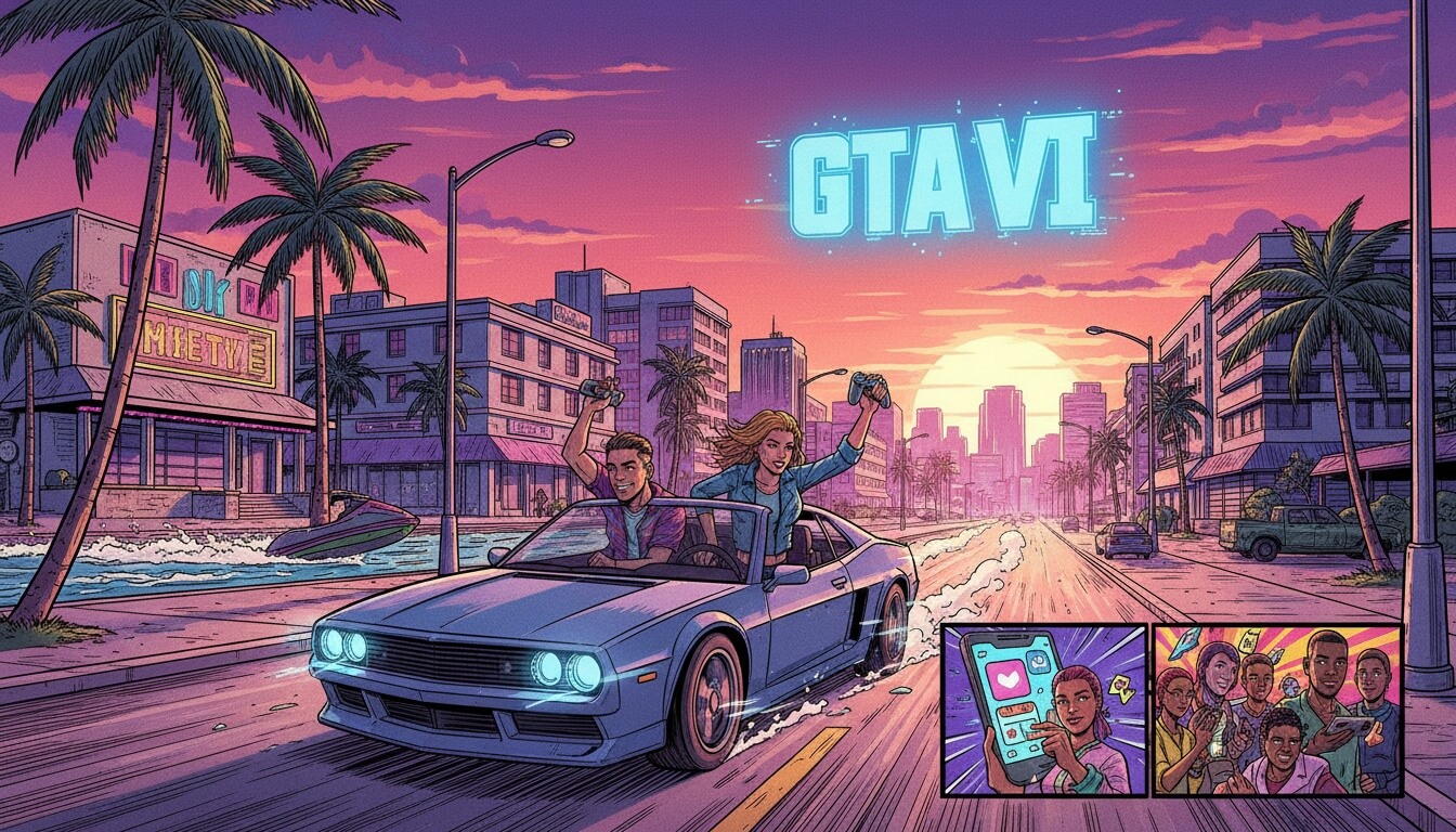 Мужчина и женщина в кабриолете на улице города с пальмами и надписью GTA VI на закатном небе