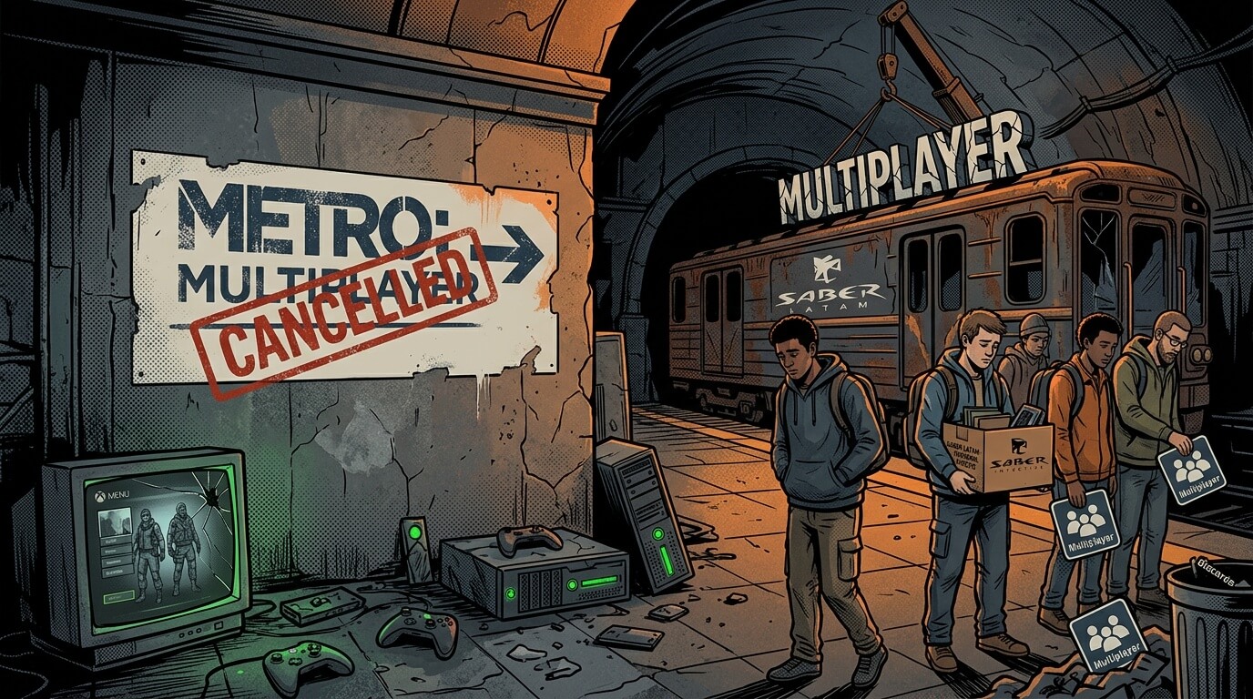 Табличка Metro: Multiplayer с красным штампом Cancelled на стене, вагон поезда с надписью Saber и группой людей с коробками в туннеле