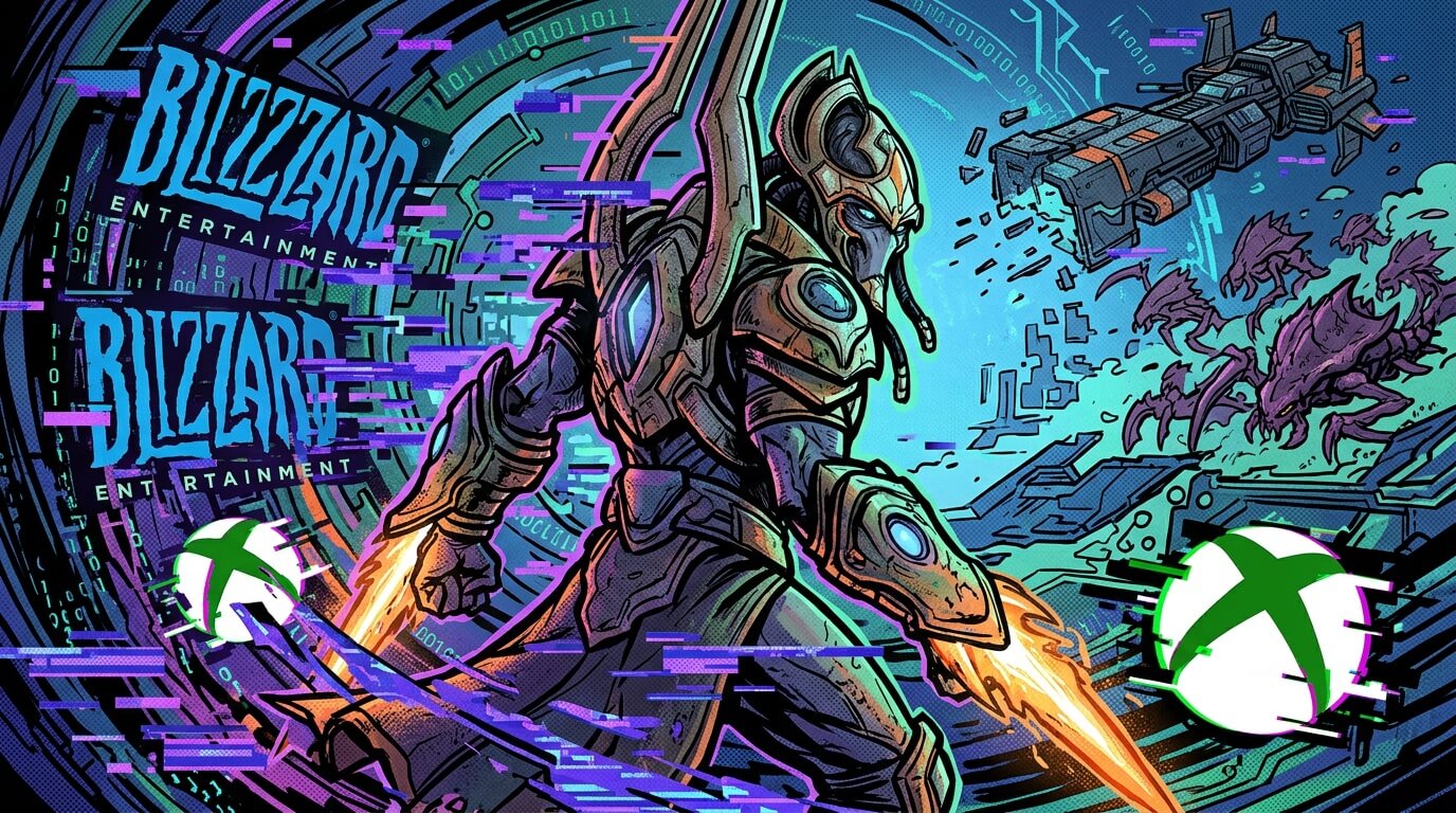 Протосс с светящимся клинком на фоне глитч-эффектов, логотипов Blizzard и Xbox, зергов и космического корабля