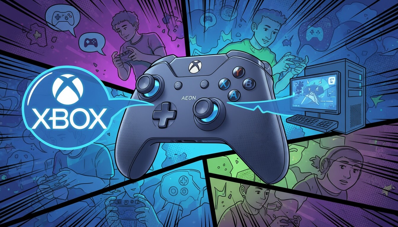 Беспроводной геймпад SteelSeries Aeon Pro с логотипом Xbox на фоне комикс-панелей с игроками и ПК