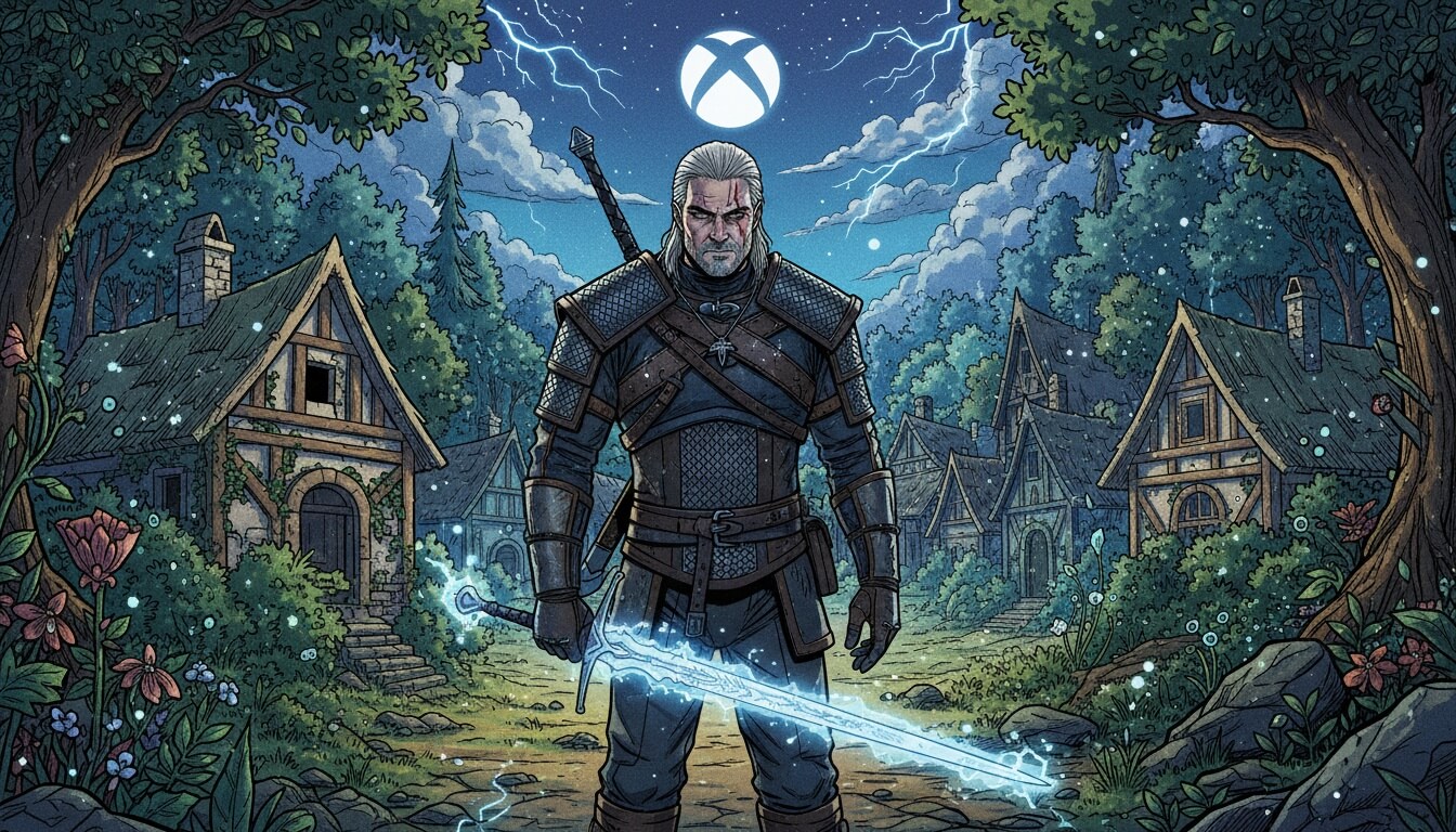 Ведьмак с мечом в деревне на фоне знака Xbox в ночном небе