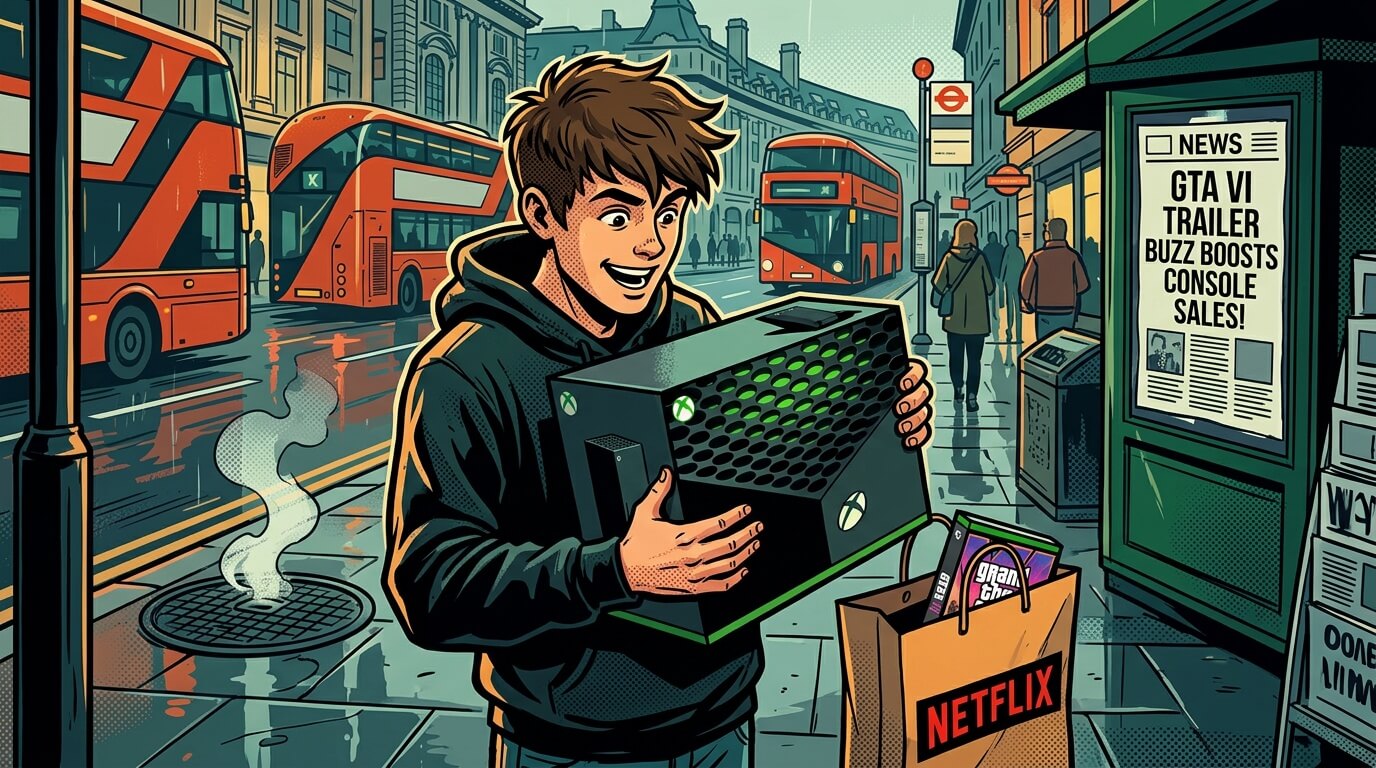 Улыбающийся парень держит консоль Xbox Series X на улице Лондона с красными двухэтажными автобусами и газетным киоском на фоне