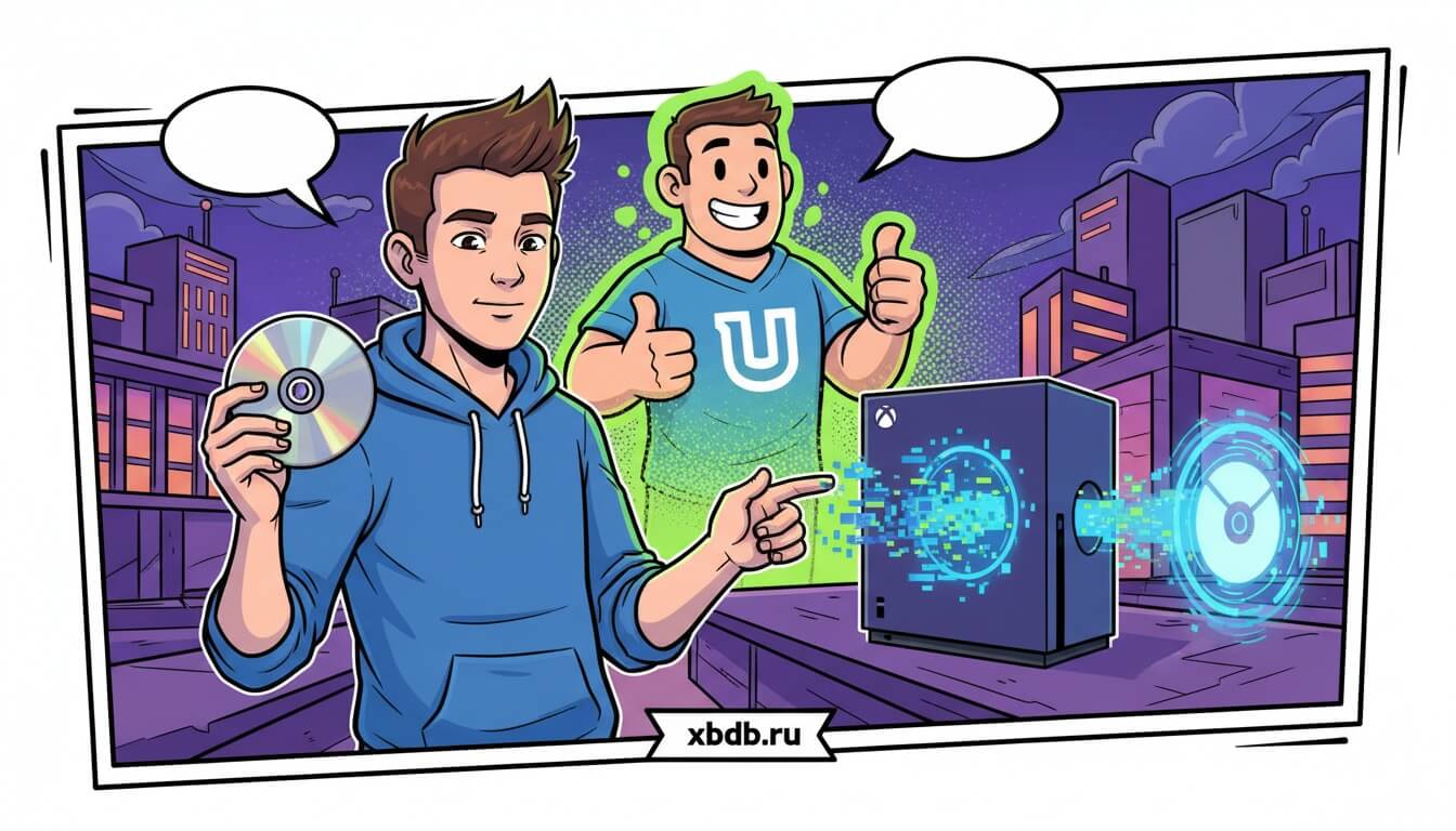 Молодой человек с диском в руке указывает на консоль Xbox, рядом персонаж в футболке с логотипом Ubisoft показывает большой палец вверх
