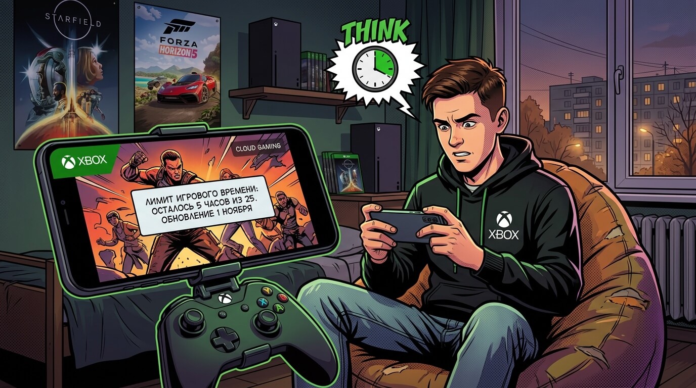 Парень с геймпадом смотрит на экран смартфона с игрой и уведомлением о лимите времени, рядом лежит контроллер Xbox