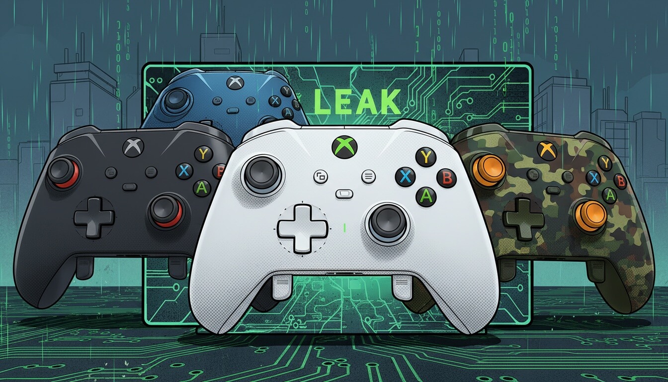 Четыре геймпада Xbox Elite разных цветов на фоне экрана с надписью LEAK и схемами