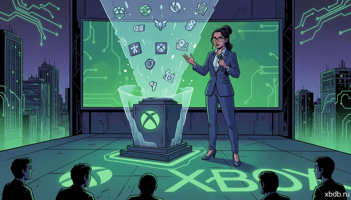 Женщина в деловом костюме с микрофоном на сцене перед экраном с логотипом Xbox, рядом контейнер с символами игр и силуэты зрителей