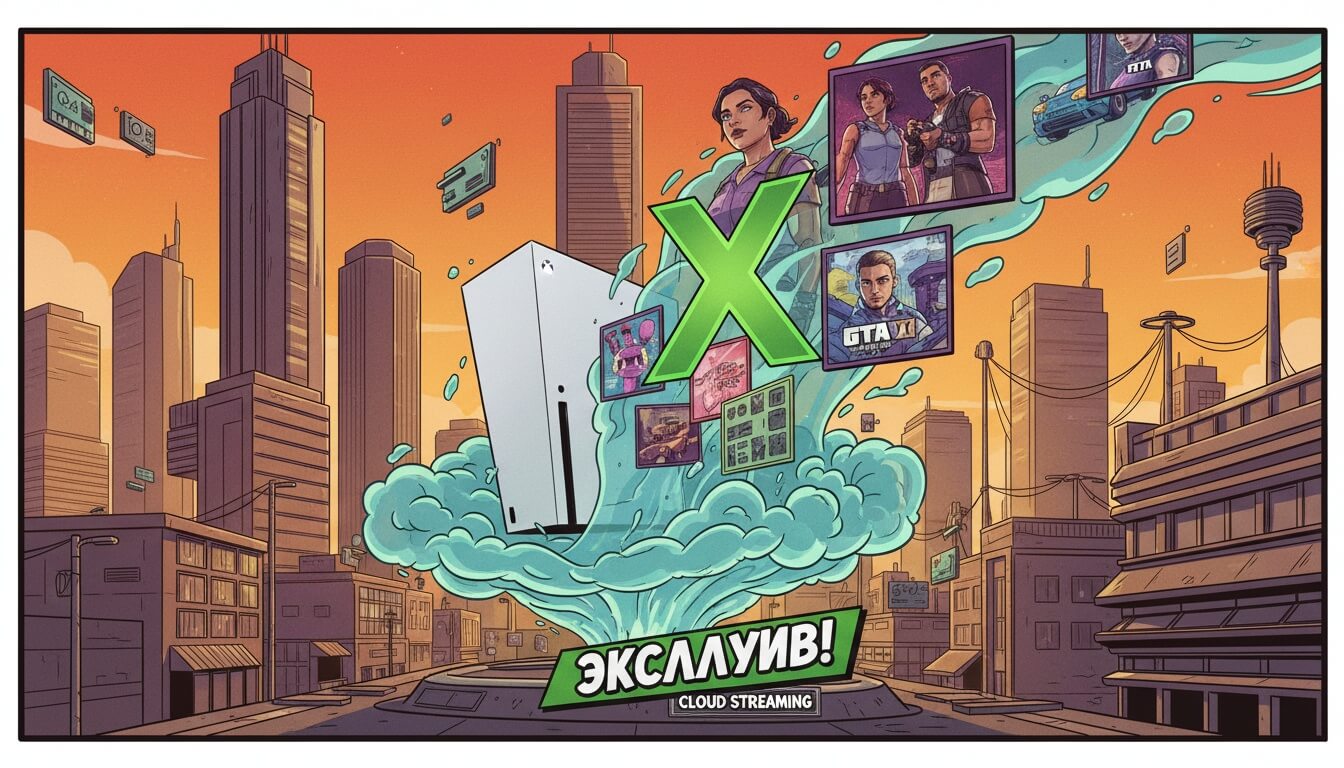 Белая консоль Xbox в облаке с зеленой буквой X, окруженная кадрами из GTA VI на фоне города