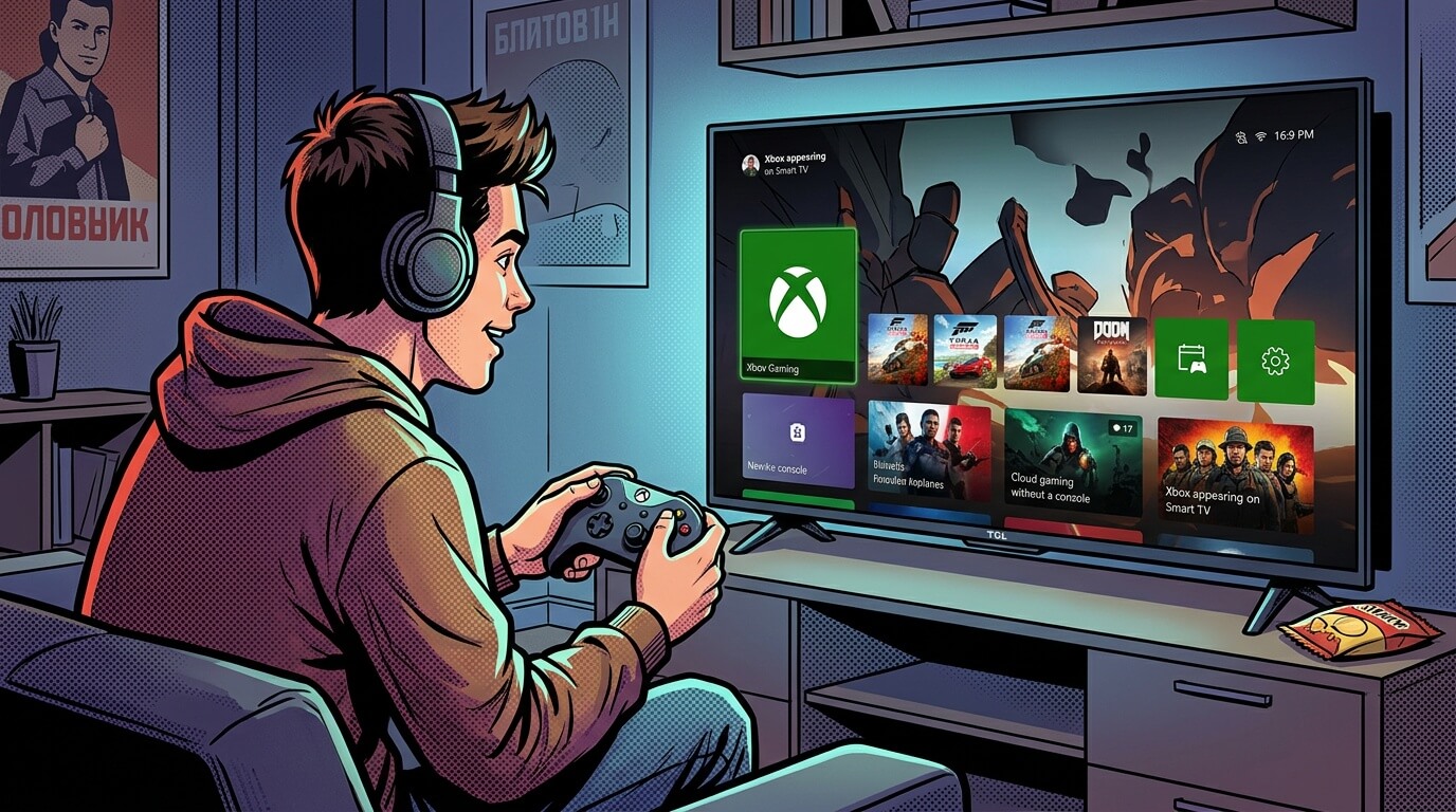 Парень в наушниках с геймпадом Xbox сидит перед телевизором TCL с интерфейсом Xbox Cloud Gaming