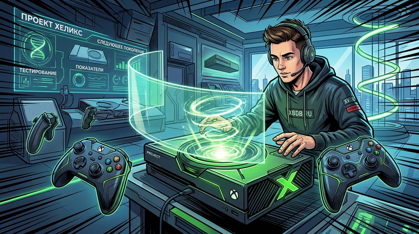Молодой человек в наушниках за столом с консолью Xbox и парящими геймпадами, рядом светящаяся спираль и экран с надписью «ПРОЕКТ ХЕЛИКС