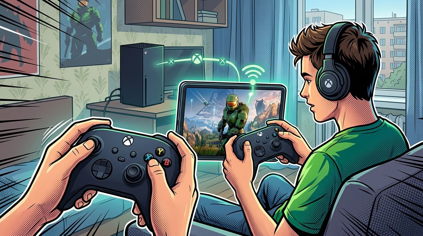 Парень в наушниках с геймпадом Xbox смотрит на планшет с игрой, рядом консоль Xbox Series X