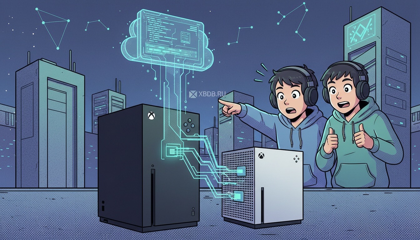 Два геймера в наушниках указывают на консоли Xbox Series X и Series S со светящимися схемами обновления