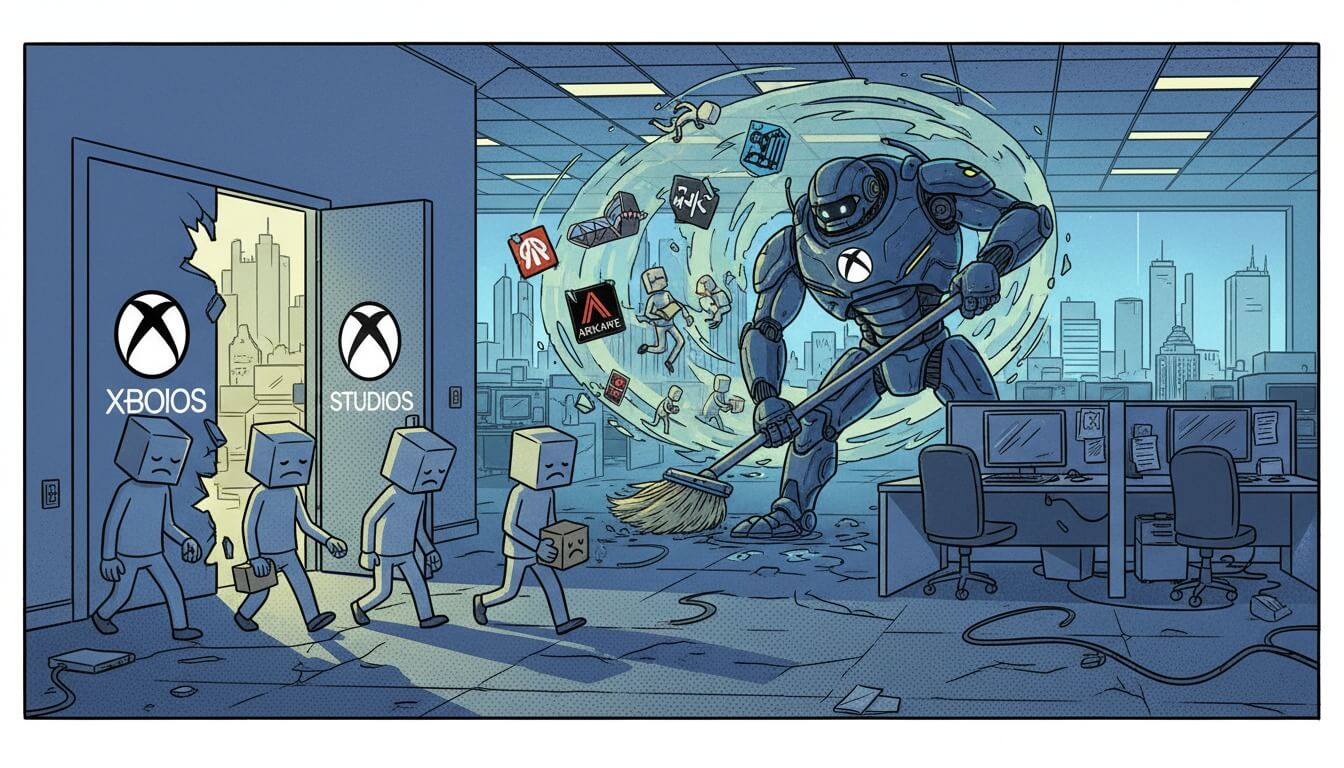 Четыре сотрудника с коробками выходят из дверей с логотипами Xbox Studios, пока гигантский робот с эмблемой Xbox заметает метлой фигурки и логотипы игровых студий в офисе