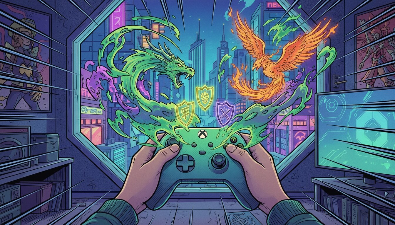 Руки держат геймпад Xbox на фоне светящихся мифических существ и значков достижений в комнате с монитором